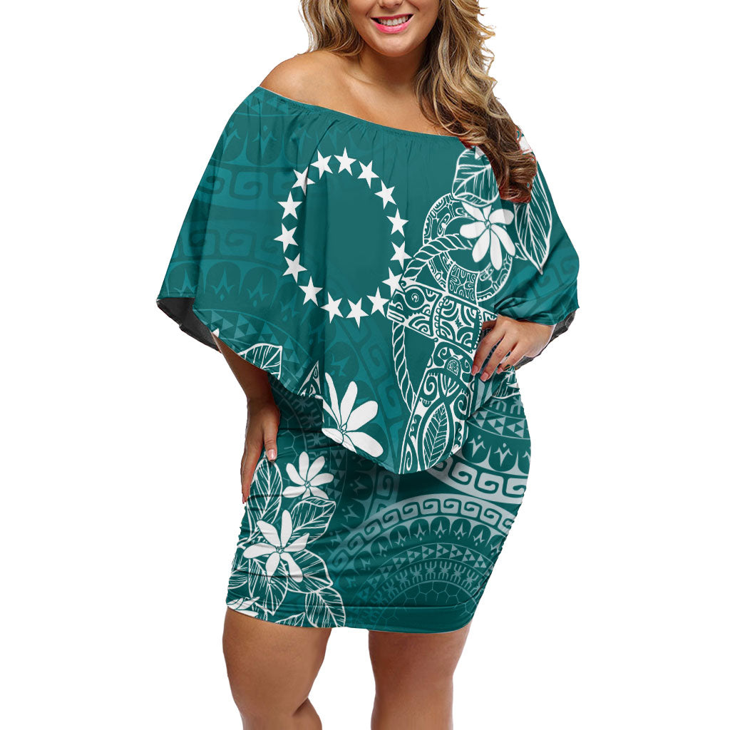 Teal Kuki Airani Tapakau Off Shoulder Short Dress Tribal Anchor Mix Tiare
