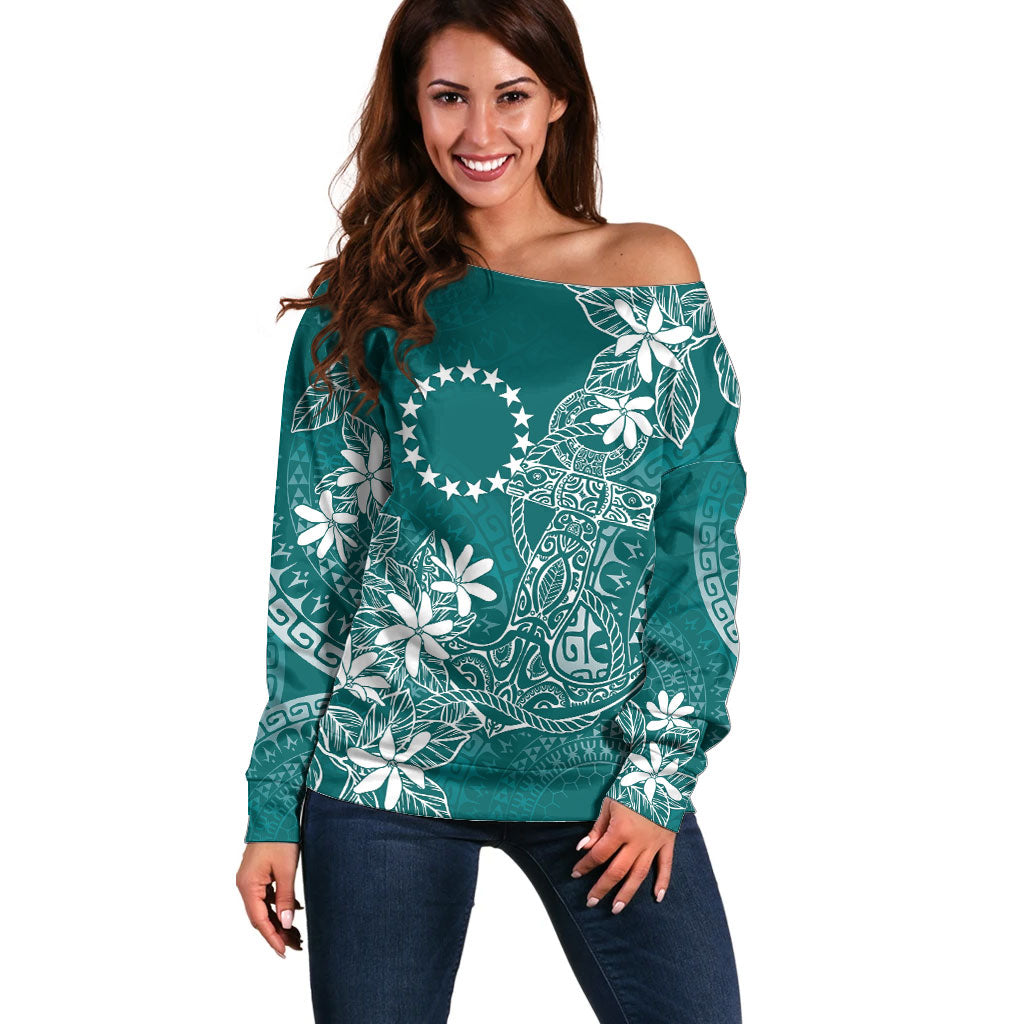 Teal Kuki Airani Tapakau Off Shoulder Sweater Tribal Anchor Mix Tiare LT7 Women Teal - Polynesian Pride