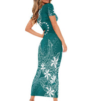 Teal Kuki Airani Tapakau Short Sleeve Bodycon Dress Tribal Anchor Mix Tiare