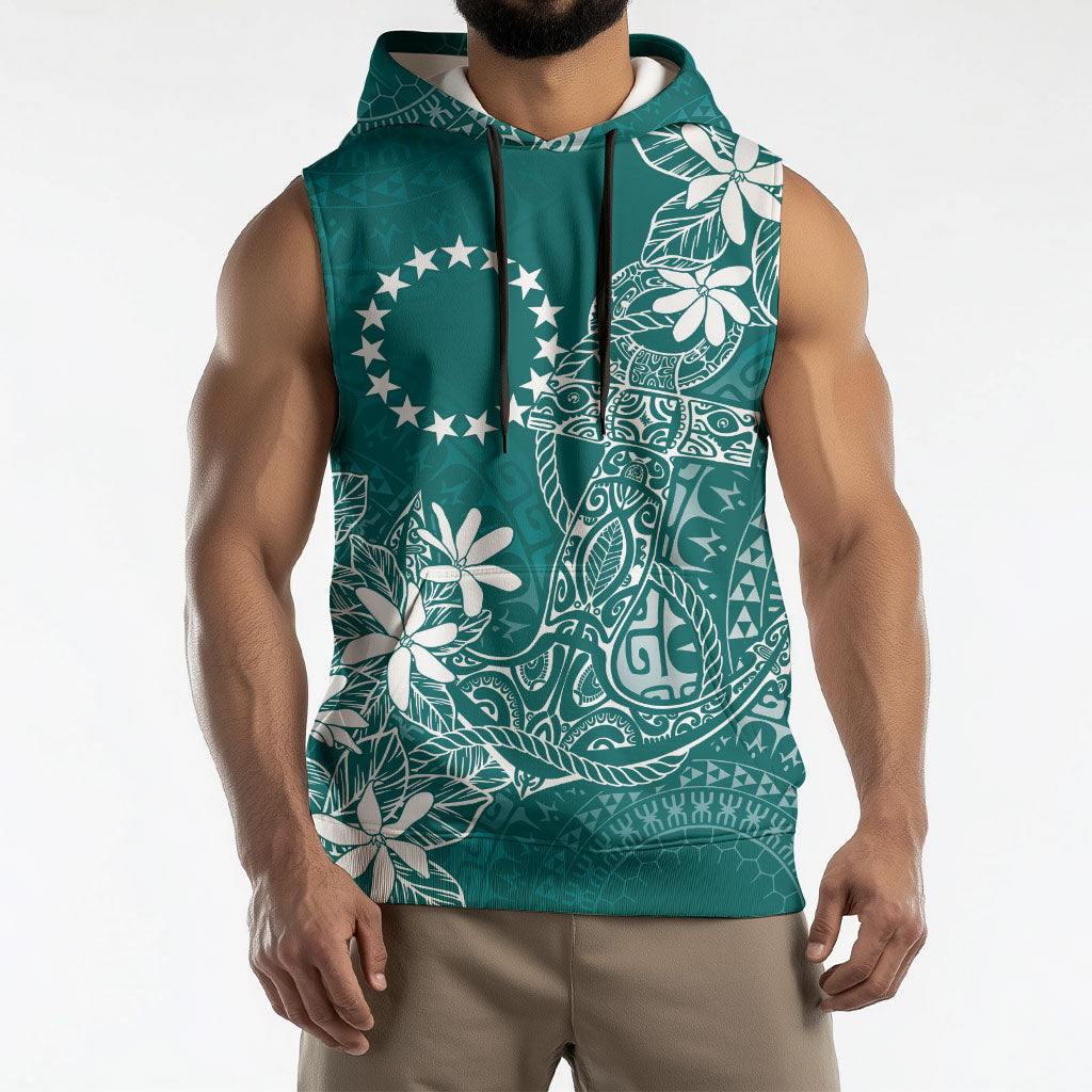 Teal Kuki Airani Tapakau Sleeveless Hoodie Tribal Anchor Mix Tiare
