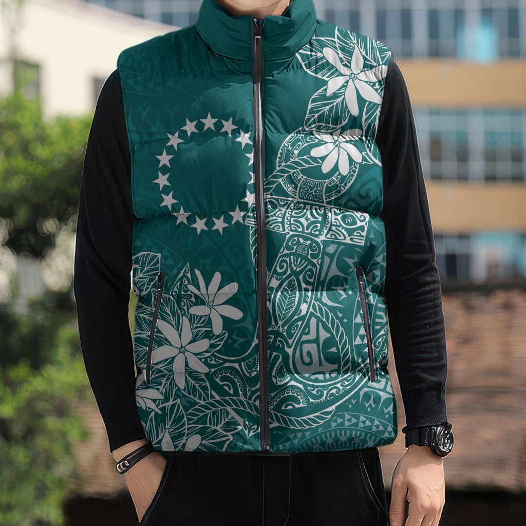 Teal Kuki Airani Tapakau Sleeveless Puffer Jacket Tribal Anchor Mix Tiare