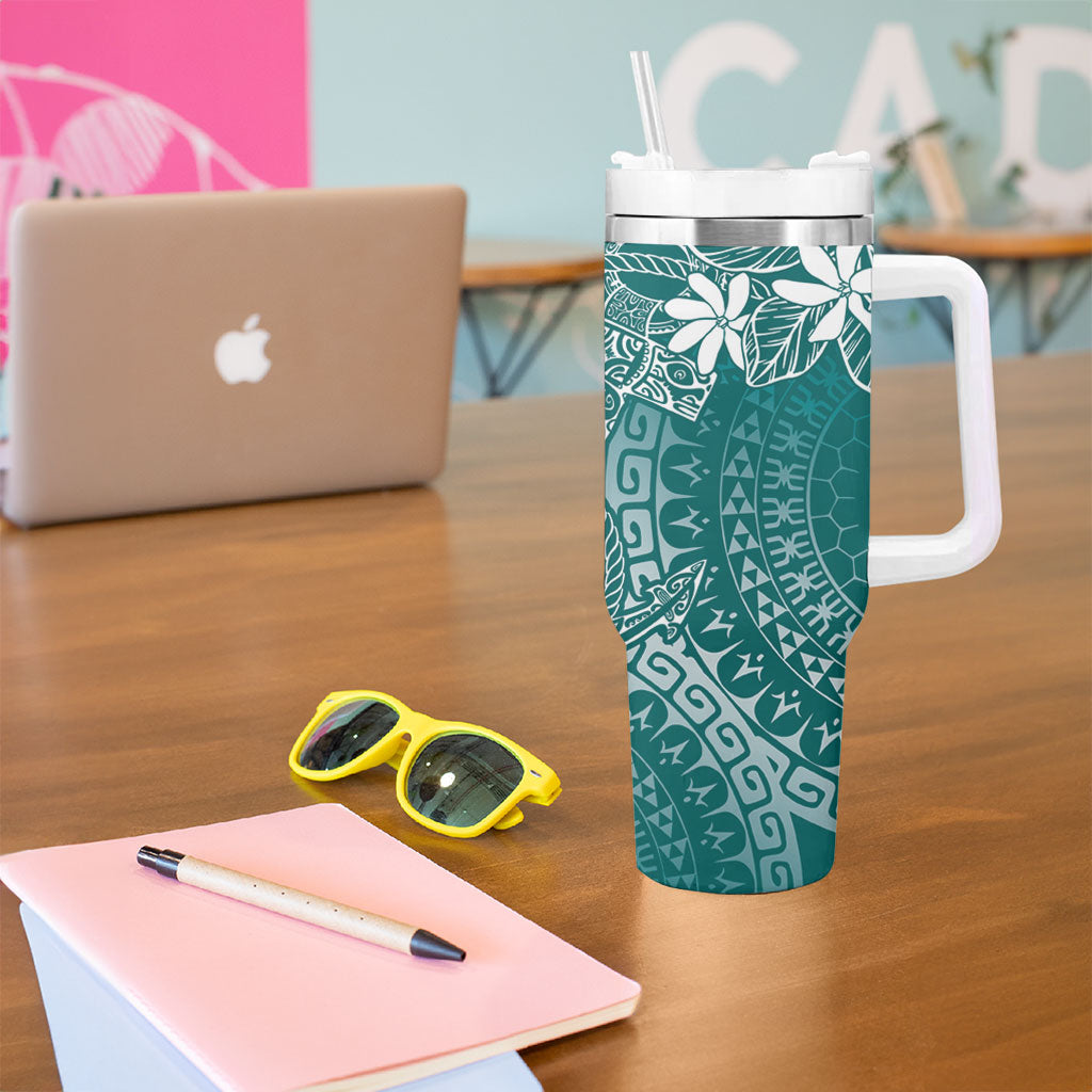 Teal Kuki Airani Tapakau Tumbler With Handle Tribal Anchor Mix Tiare LT7 - Polynesian Pride