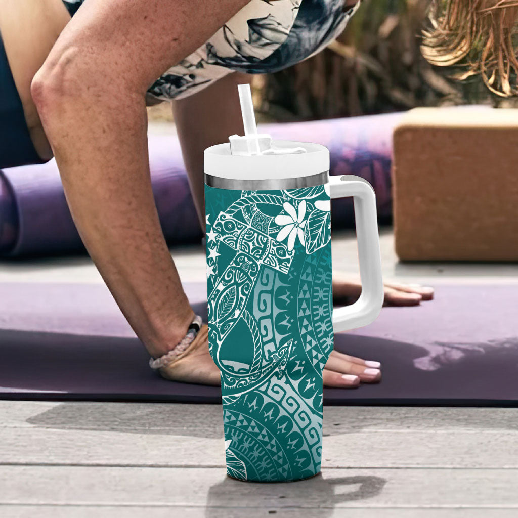 Teal Kuki Airani Tapakau Tumbler With Handle Tribal Anchor Mix Tiare LT7 - Polynesian Pride