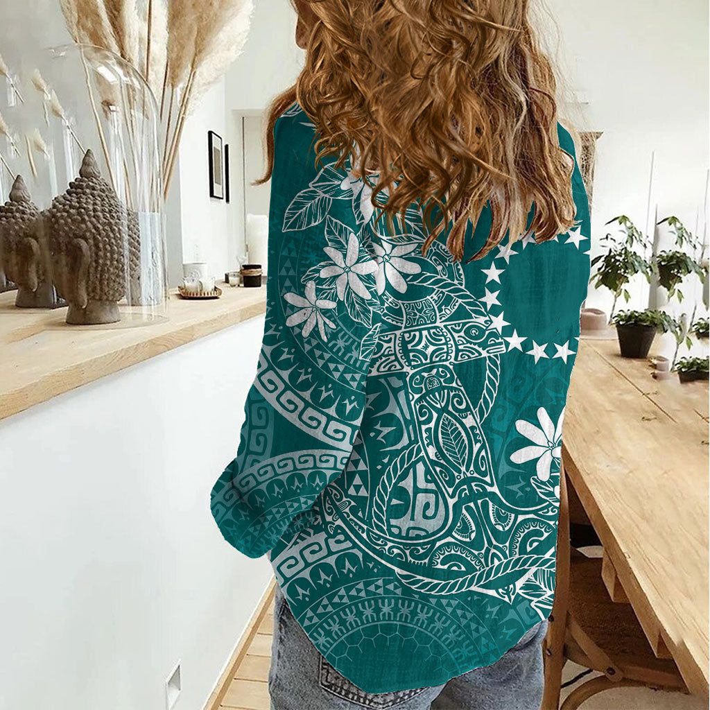 Teal Kuki Airani Tapakau Women Casual Shirt Tribal Anchor Mix Tiare