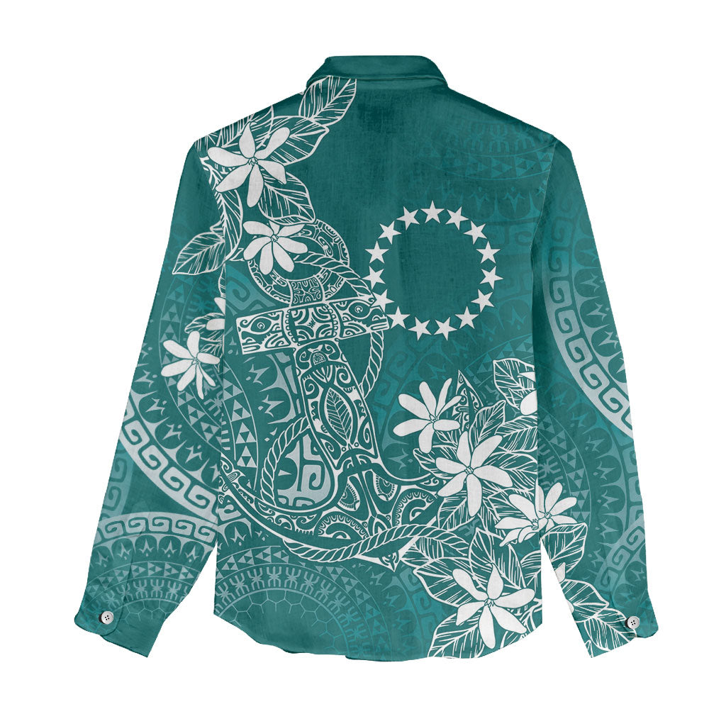 Teal Kuki Airani Tapakau Women Casual Shirt Tribal Anchor Mix Tiare