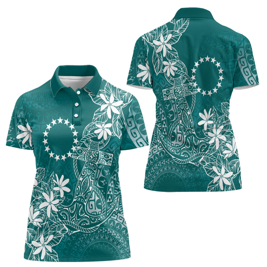 Teal Kuki Airani Tapakau Women Polo Shirt Tribal Anchor Mix Tiare
