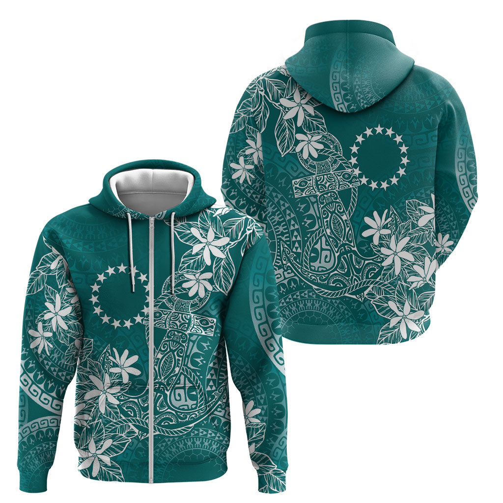 Teal Kuki Airani Tapakau Zip Hoodie Tribal Anchor Mix Tiare LT7 - Polynesian Pride