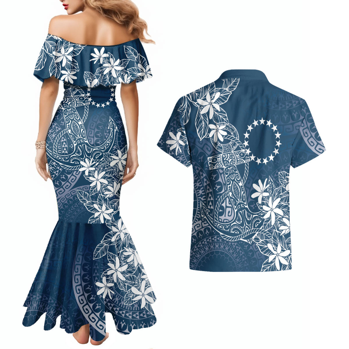 Navy Kuki Airani Tapakau Couples Matching Mermaid Dress and Hawaiian Shirt Tribal Anchor Mix Tiare