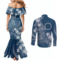 Navy Kuki Airani Tapakau Couples Matching Mermaid Dress and Long Sleeve Button Shirt Tribal Anchor Mix Tiare