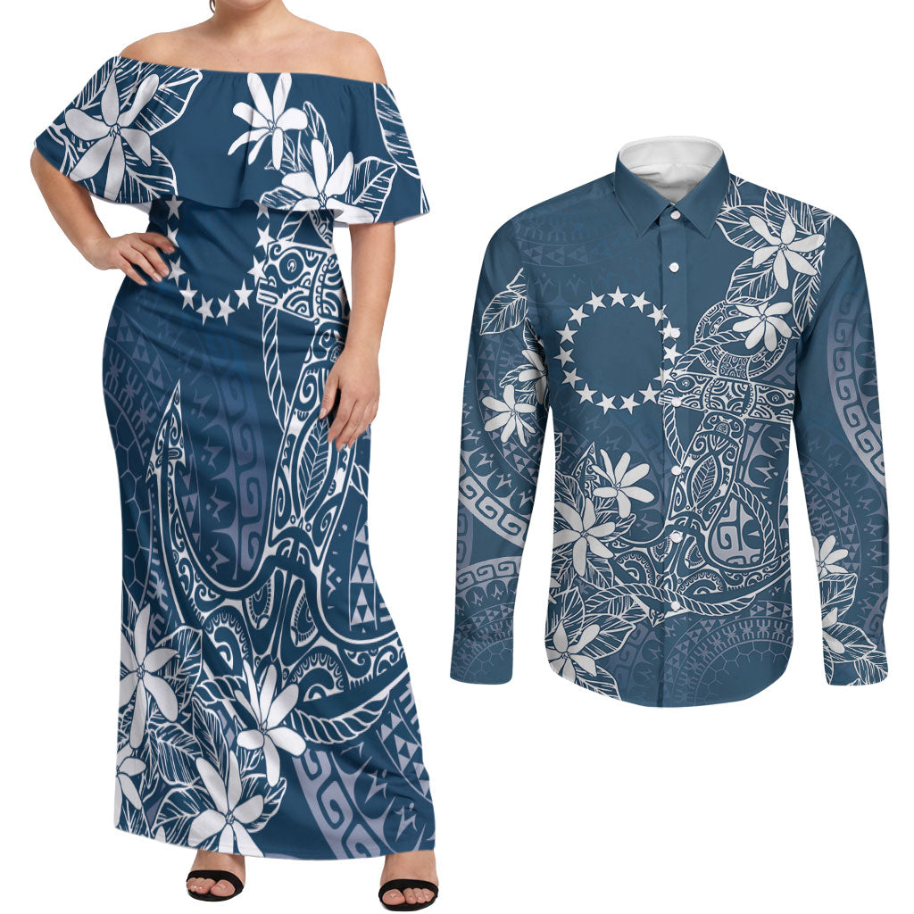 Navy Kuki Airani Tapakau Couples Matching Off Shoulder Maxi Dress and Long Sleeve Button Shirt Tribal Anchor Mix Tiare LT7 Navy - Polynesian Pride