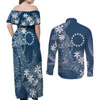 Navy Kuki Airani Tapakau Couples Matching Off Shoulder Maxi Dress and Long Sleeve Button Shirt Tribal Anchor Mix Tiare
