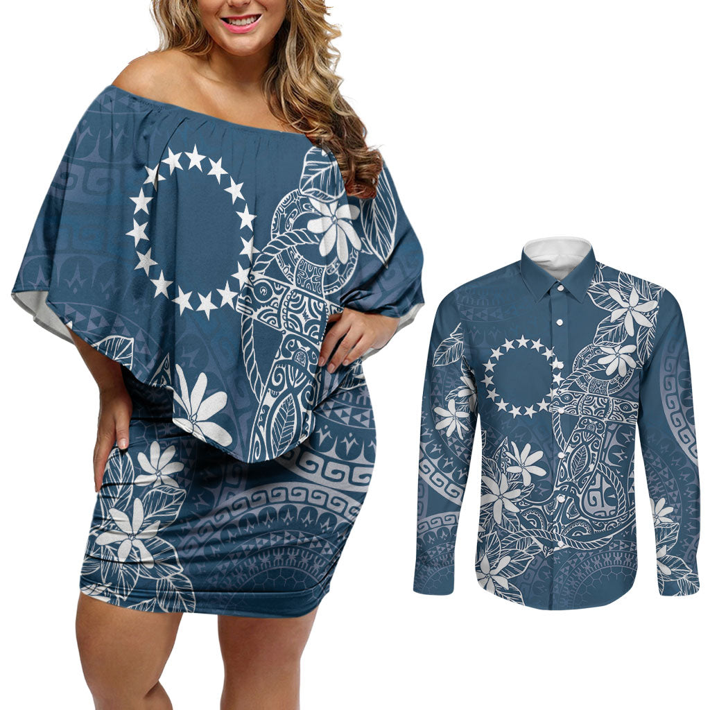 Navy Kuki Airani Tapakau Couples Matching Off Shoulder Short Dress and Long Sleeve Button Shirt Tribal Anchor Mix Tiare LT7 Navy - Polynesian Pride