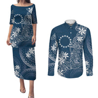 Navy Kuki Airani Tapakau Couples Matching Puletasi and Long Sleeve Button Shirt Tribal Anchor Mix Tiare