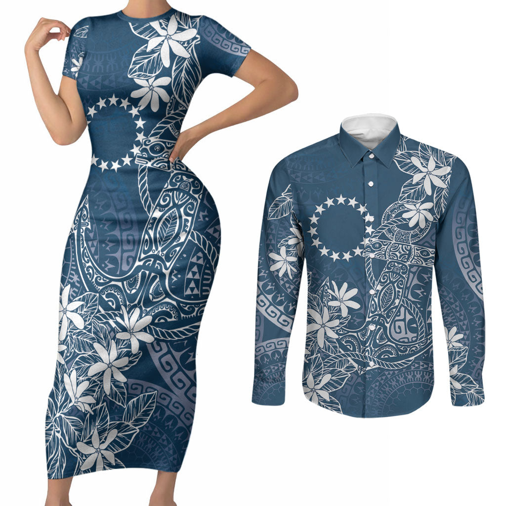 Navy Kuki Airani Tapakau Couples Matching Short Sleeve Bodycon Dress and Long Sleeve Button Shirt Tribal Anchor Mix Tiare LT7 Navy - Polynesian Pride