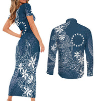 Navy Kuki Airani Tapakau Couples Matching Short Sleeve Bodycon Dress and Long Sleeve Button Shirt Tribal Anchor Mix Tiare