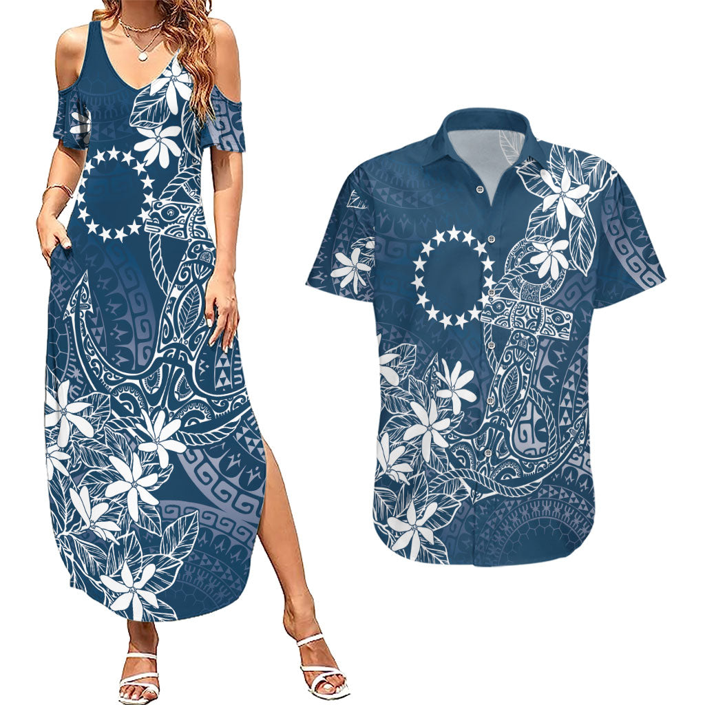 Navy Kuki Airani Tapakau Couples Matching Summer Maxi Dress and Hawaiian Shirt Tribal Anchor Mix Tiare LT7 Navy - Polynesian Pride