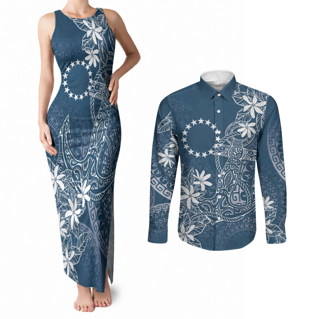 Navy Kuki Airani Tapakau Couples Matching Tank Maxi Dress and Long Sleeve Button Shirt Tribal Anchor Mix Tiare LT7 Navy - Polynesian Pride