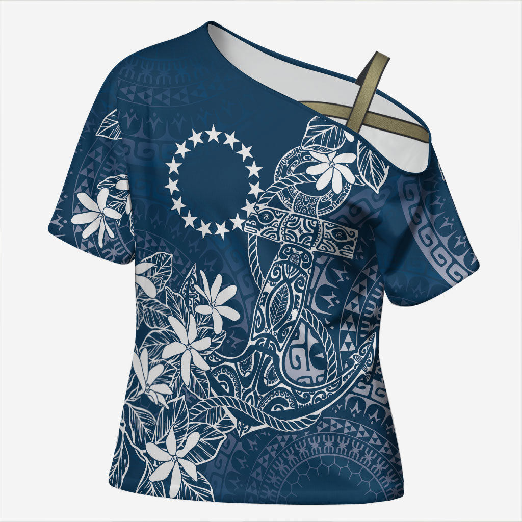 Navy Kuki Airani Tapakau Cross Shoulder Shirt Tribal Anchor Mix Tiare LT7 Female Navy - Polynesian Pride
