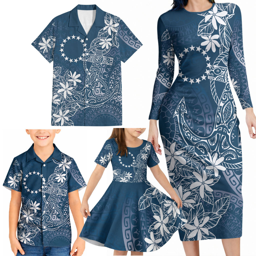 Navy Kuki Airani Tapakau Family Matching Long Sleeve Bodycon Dress and Hawaiian Shirt Tribal Anchor Mix Tiare LT7 - Polynesian Pride