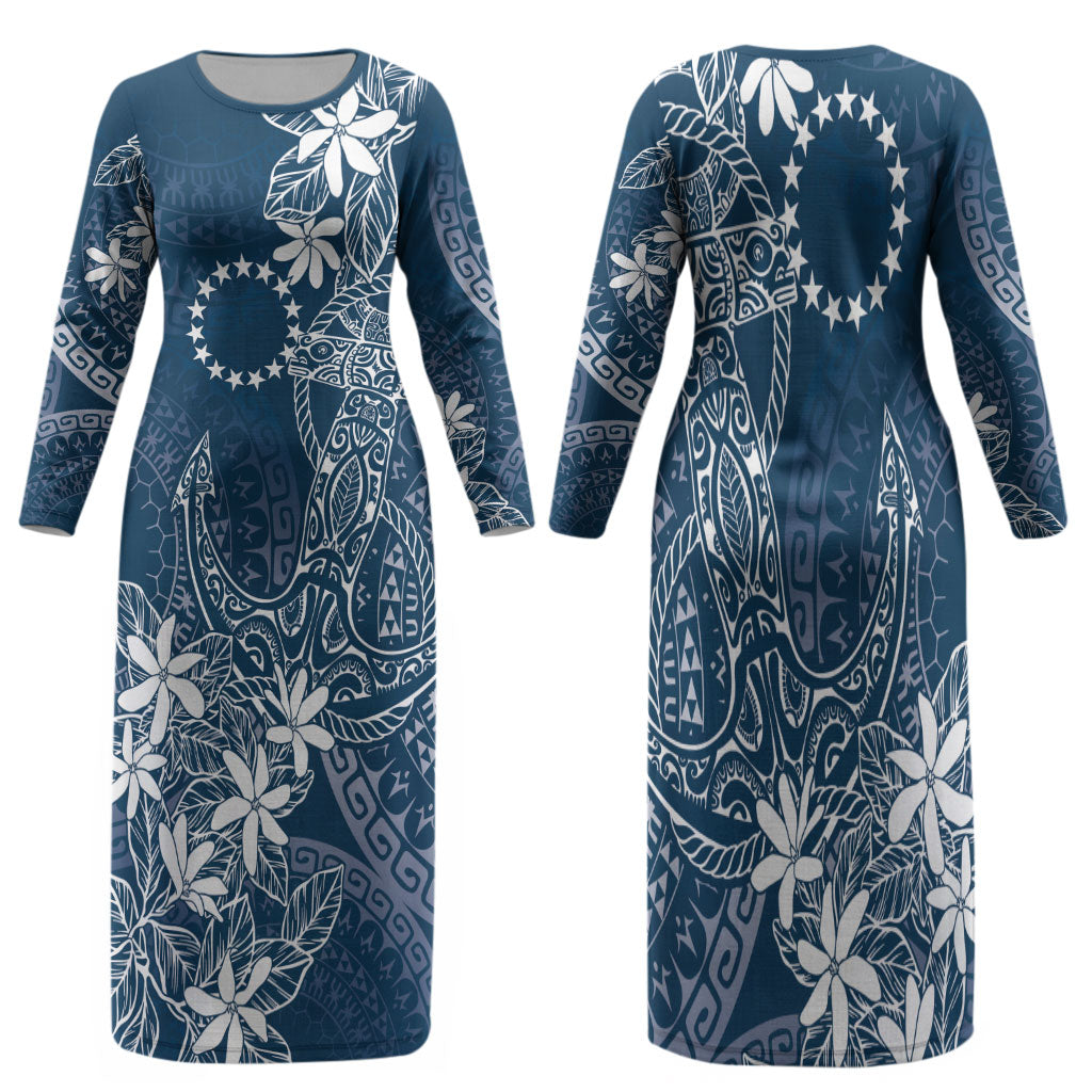 Navy Kuki Airani Tapakau Family Matching Long Sleeve Bodycon Dress and Hawaiian Shirt Tribal Anchor Mix Tiare LT7 Mom's Dress Navy - Polynesian Pride