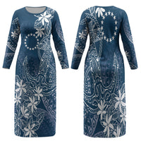 Navy Kuki Airani Tapakau Family Matching Long Sleeve Bodycon Dress and Hawaiian Shirt Tribal Anchor Mix Tiare LT7 Mom's Dress Navy - Polynesian Pride