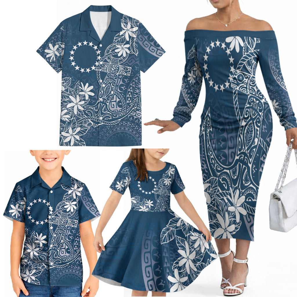 Navy Kuki Airani Tapakau Family Matching Off The Shoulder Long Sleeve Dress and Hawaiian Shirt Tribal Anchor Mix Tiare LT7 - Polynesian Pride