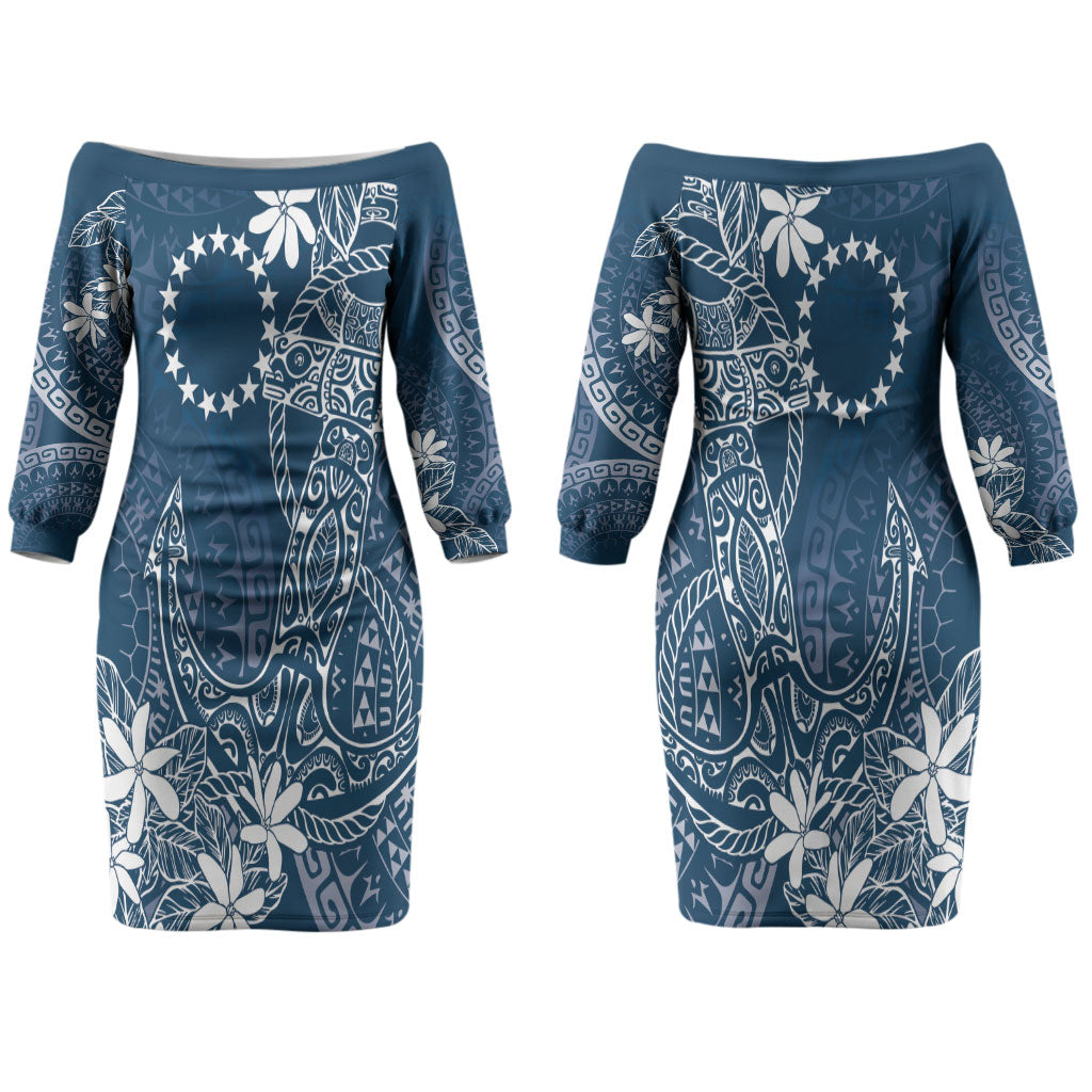 Navy Kuki Airani Tapakau Family Matching Off The Shoulder Long Sleeve Dress and Hawaiian Shirt Tribal Anchor Mix Tiare LT7 Mom's Dress Navy - Polynesian Pride