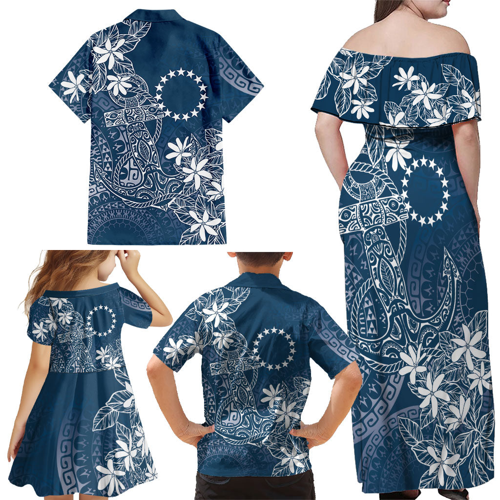 Navy Kuki Airani Tapakau Family Matching Off Shoulder Maxi Dress and Hawaiian Shirt Tribal Anchor Mix Tiare