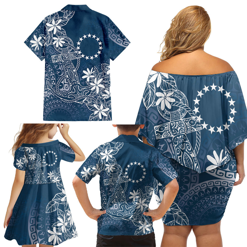 Navy Kuki Airani Tapakau Family Matching Off Shoulder Short Dress and Hawaiian Shirt Tribal Anchor Mix Tiare