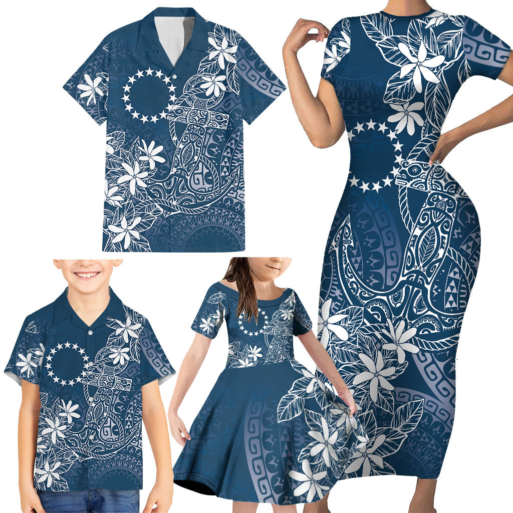 Navy Kuki Airani Tapakau Family Matching Short Sleeve Bodycon Dress and Hawaiian Shirt Tribal Anchor Mix Tiare LT7 - Polynesian Pride
