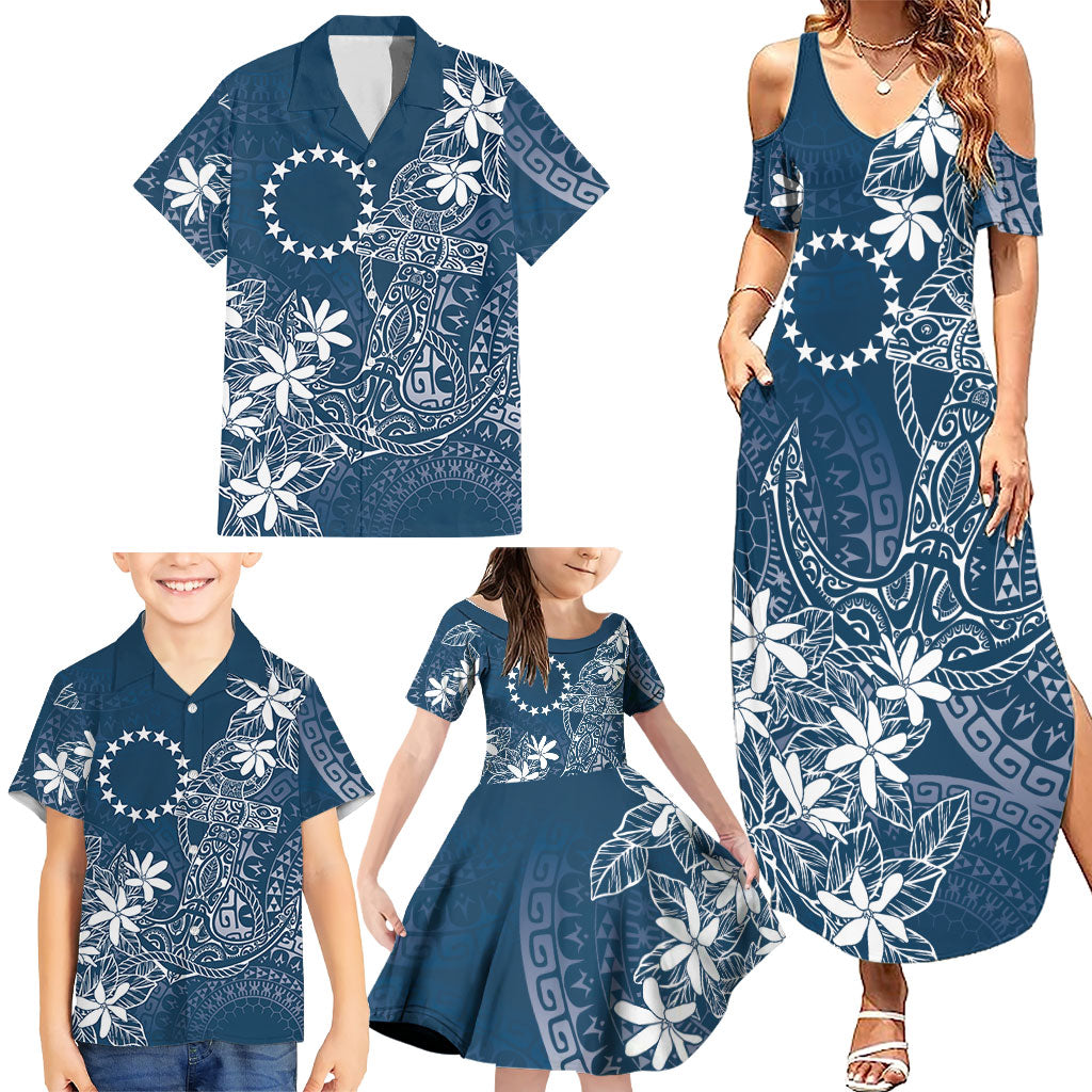 Navy Kuki Airani Tapakau Family Matching Summer Maxi Dress and Hawaiian Shirt Tribal Anchor Mix Tiare LT7 - Polynesian Pride