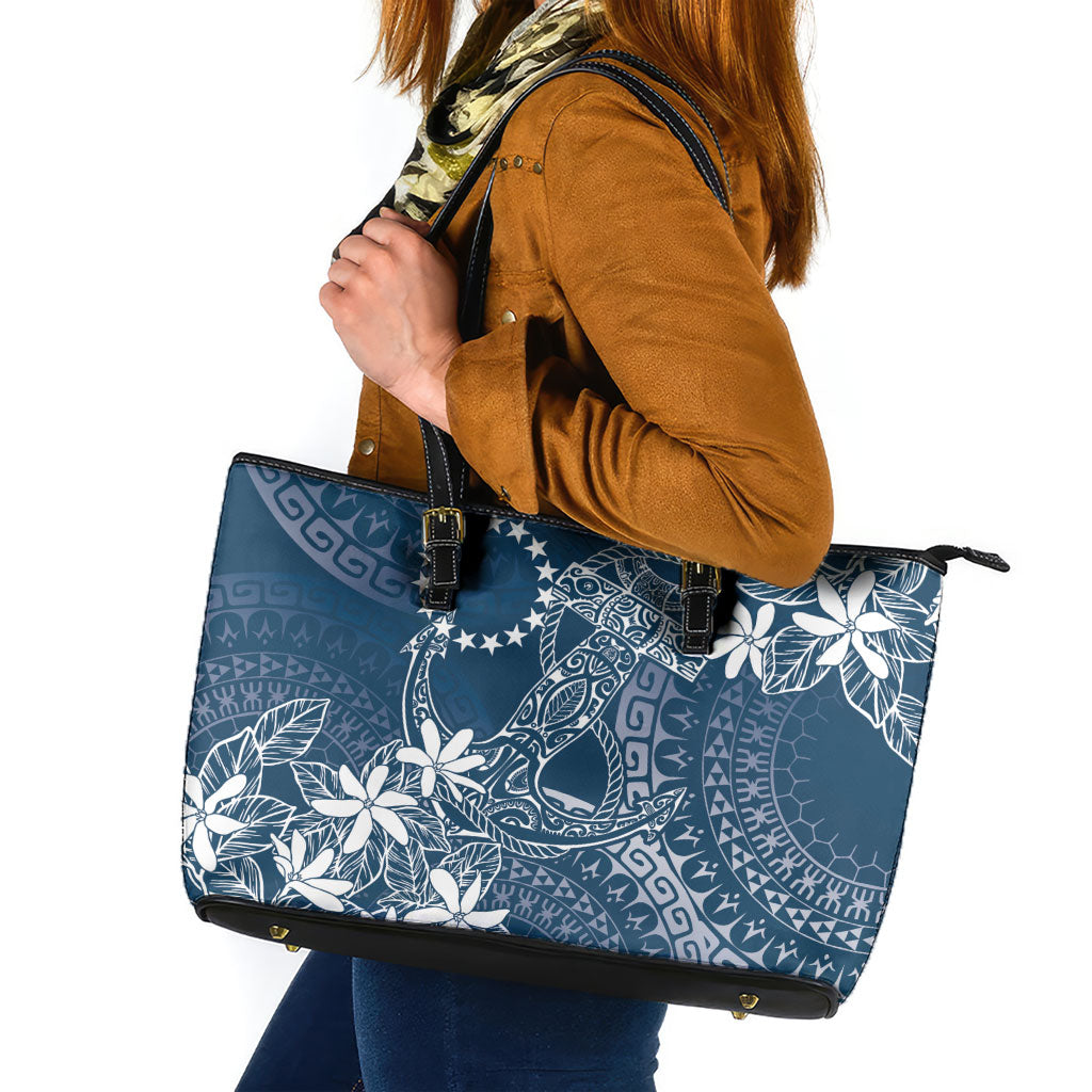 Navy Kuki Airani Tapakau Leather Tote Bag Tribal Anchor Mix Tiare LT7 Navy - Polynesian Pride