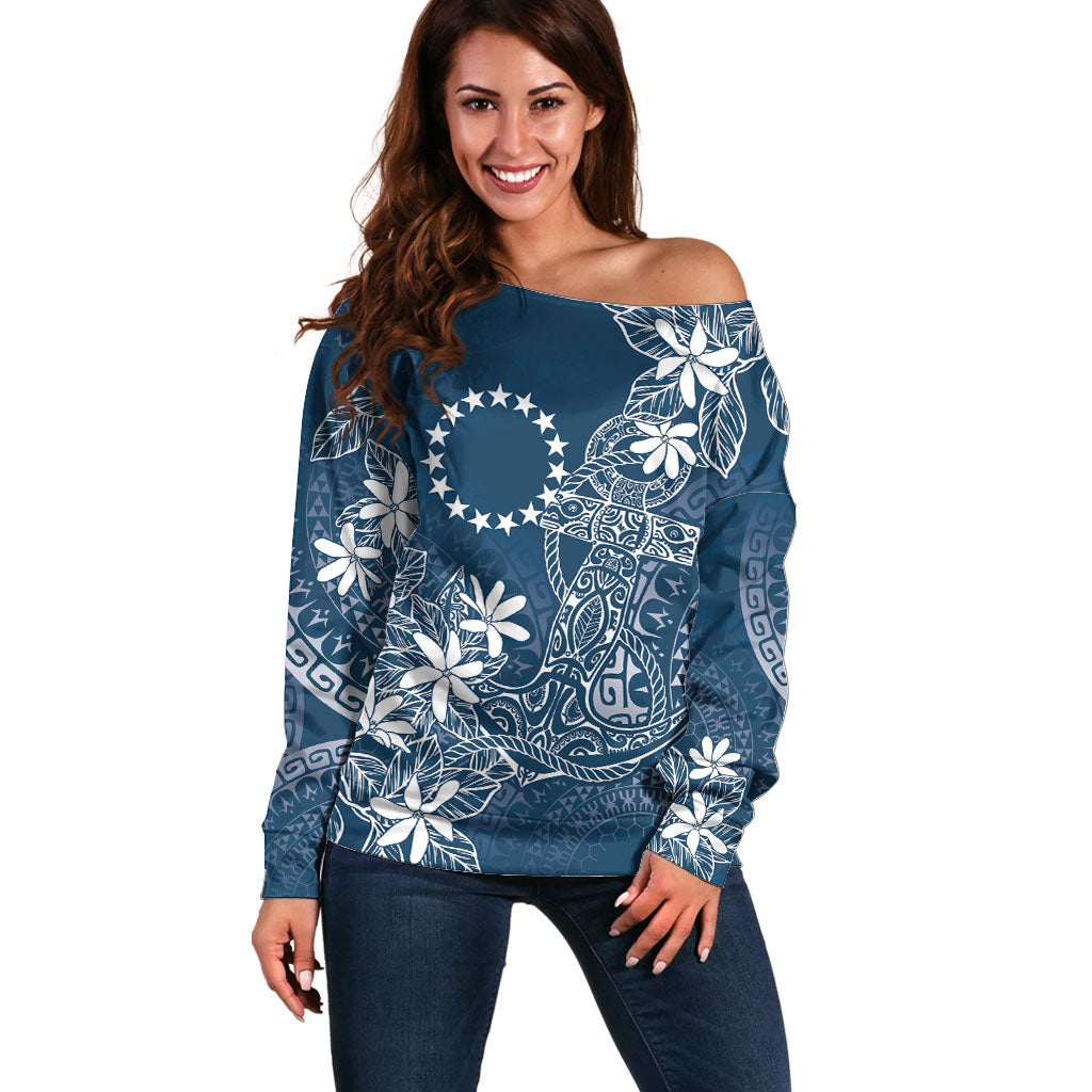 Navy Kuki Airani Tapakau Off Shoulder Sweater Tribal Anchor Mix Tiare LT7 Women Navy - Polynesian Pride