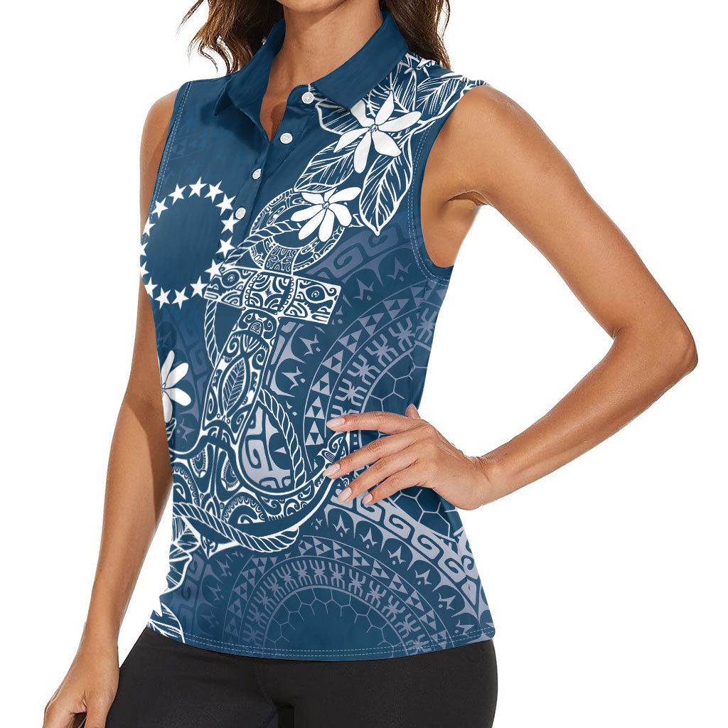 Navy Kuki Airani Tapakau Women Sleeveless Polo Shirt Tribal Anchor Mix Tiare