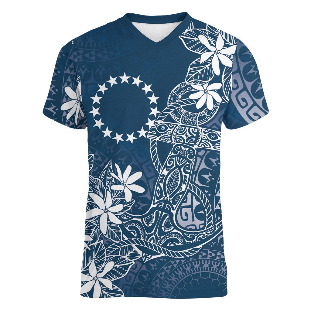 Navy Kuki Airani Tapakau Women V-Neck T-Shirt Tribal Anchor Mix Tiare