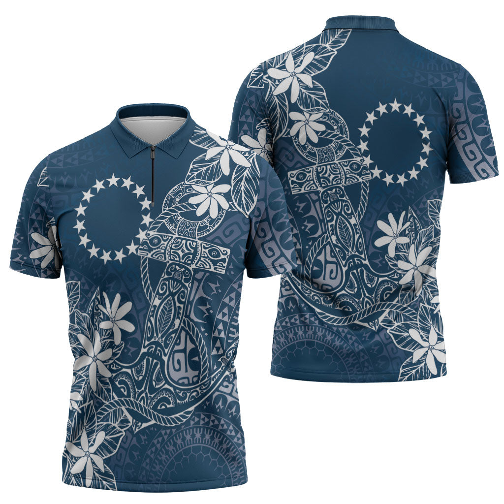 Navy Kuki Airani Tapakau Zipper Polo Shirt Tribal Anchor Mix Tiare