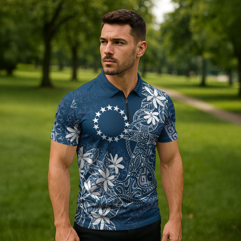 Navy Kuki Airani Tapakau Zipper Polo Shirt Tribal Anchor Mix Tiare