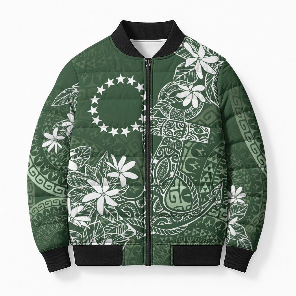 Sage Green Kuki Airani Tapakau Bomber Puffer Jacket Tribal Anchor Mix Tiare