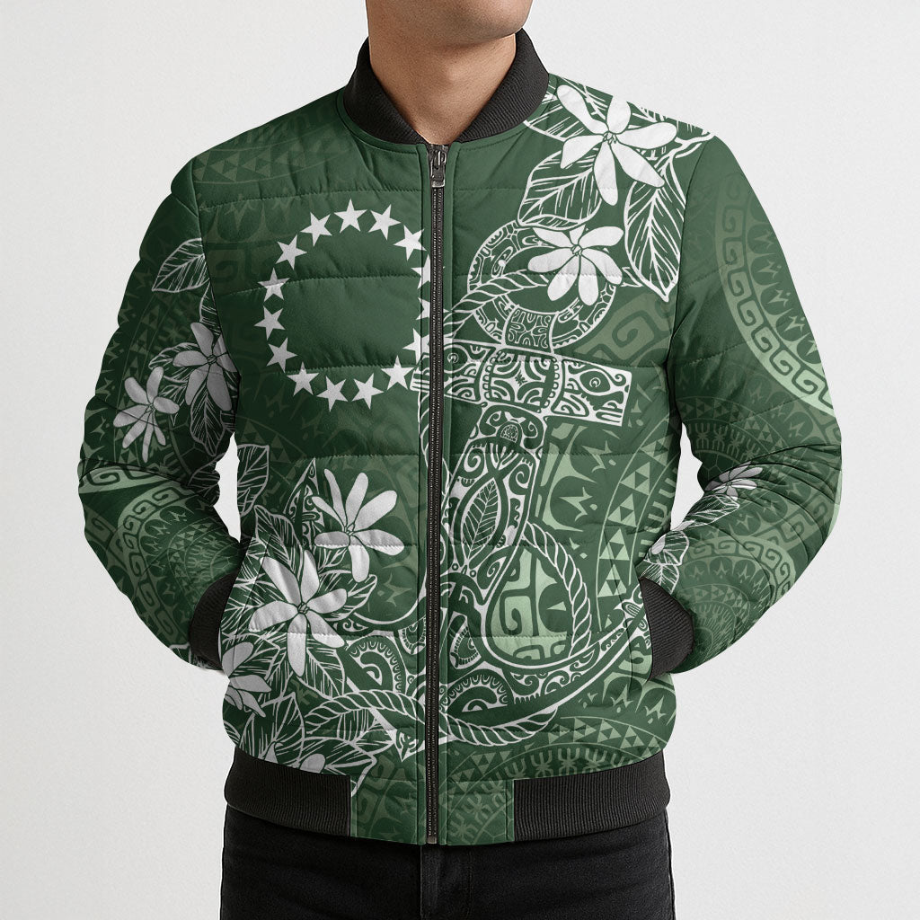 Sage Green Kuki Airani Tapakau Bomber Puffer Jacket Tribal Anchor Mix Tiare