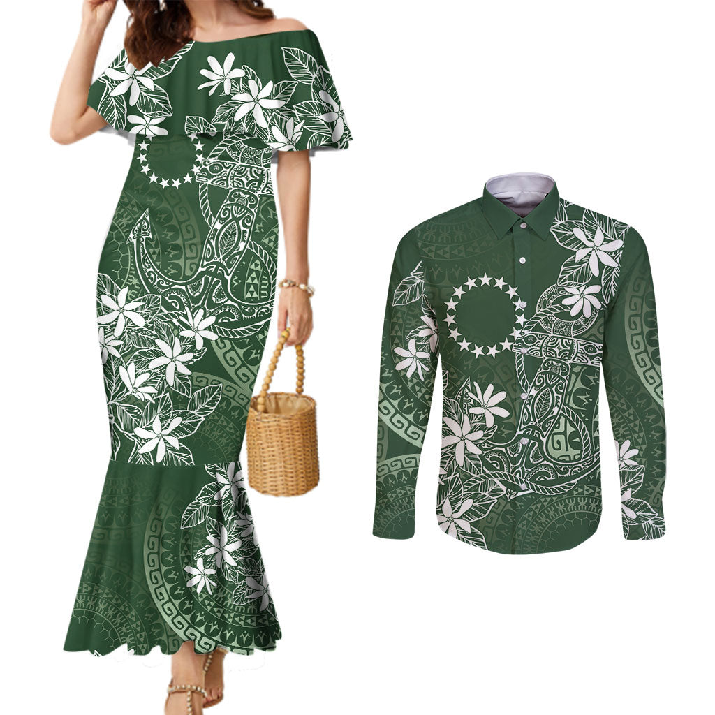 Sage Green Kuki Airani Tapakau Couples Matching Mermaid Dress and Long Sleeve Button Shirt Tribal Anchor Mix Tiare