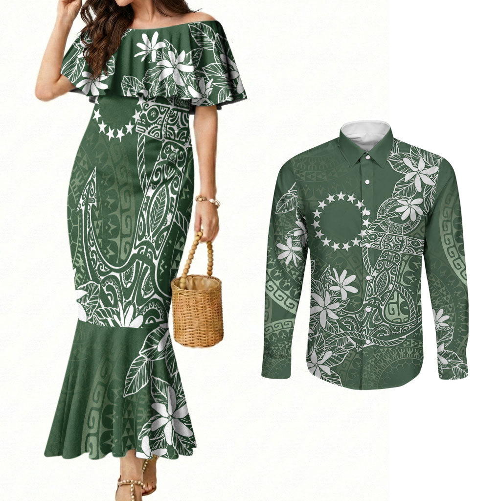 Sage Green Kuki Airani Tapakau Couples Matching Mermaid Dress and Long Sleeve Button Shirt Tribal Anchor Mix Tiare LT7 Sage Green - Polynesian Pride