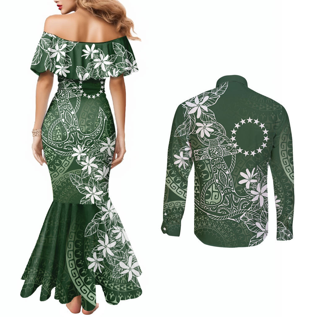Sage Green Kuki Airani Tapakau Couples Matching Mermaid Dress and Long Sleeve Button Shirt Tribal Anchor Mix Tiare