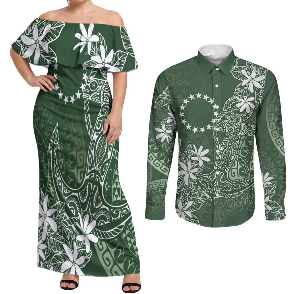 Sage Green Kuki Airani Tapakau Couples Matching Off Shoulder Maxi Dress and Long Sleeve Button Shirt Tribal Anchor Mix Tiare LT7 Sage Green - Polynesian Pride