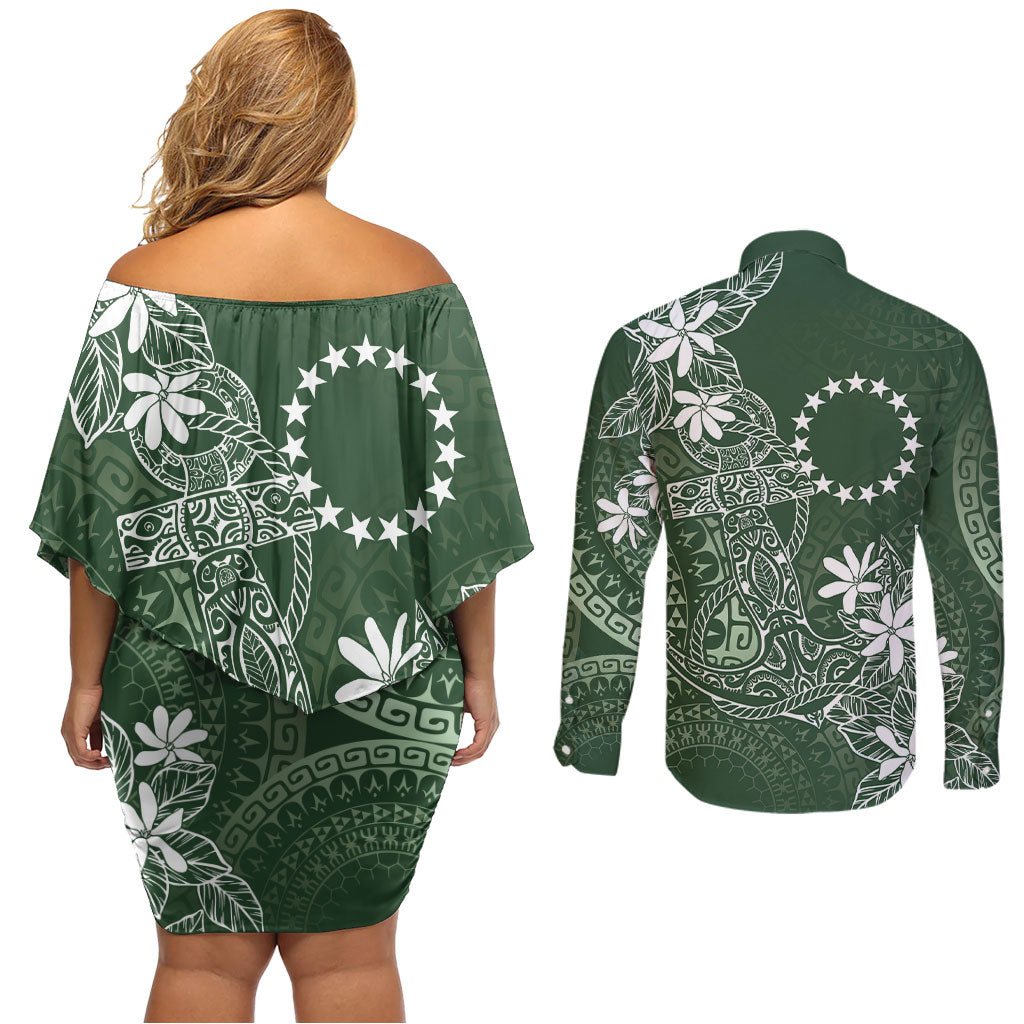 Sage Green Kuki Airani Tapakau Couples Matching Off Shoulder Short Dress and Long Sleeve Button Shirt Tribal Anchor Mix Tiare