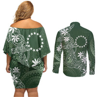 Sage Green Kuki Airani Tapakau Couples Matching Off Shoulder Short Dress and Long Sleeve Button Shirt Tribal Anchor Mix Tiare