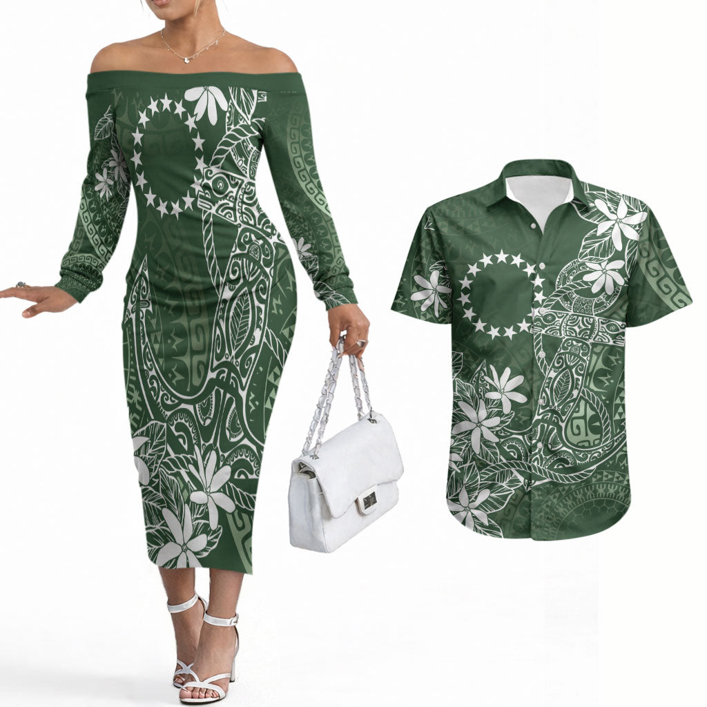 Sage Green Kuki Airani Tapakau Couples Matching Off The Shoulder Long Sleeve Dress and Hawaiian Shirt Tribal Anchor Mix Tiare LT7 Sage Green - Polynesian Pride