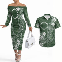 Sage Green Kuki Airani Tapakau Couples Matching Off The Shoulder Long Sleeve Dress and Hawaiian Shirt Tribal Anchor Mix Tiare LT7 Sage Green - Polynesian Pride