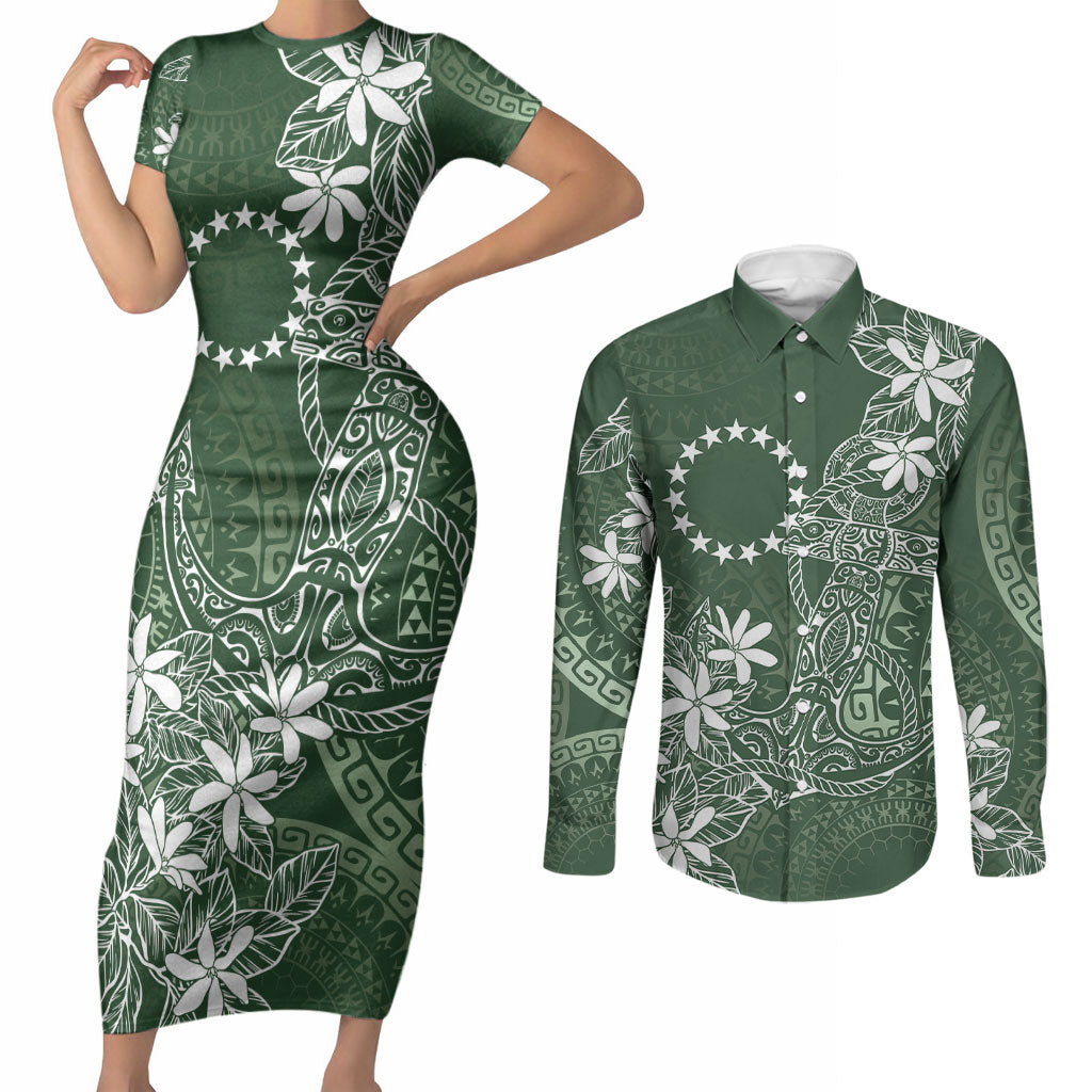 Sage Green Kuki Airani Tapakau Couples Matching Short Sleeve Bodycon Dress and Long Sleeve Button Shirt Tribal Anchor Mix Tiare LT7 Sage Green - Polynesian Pride