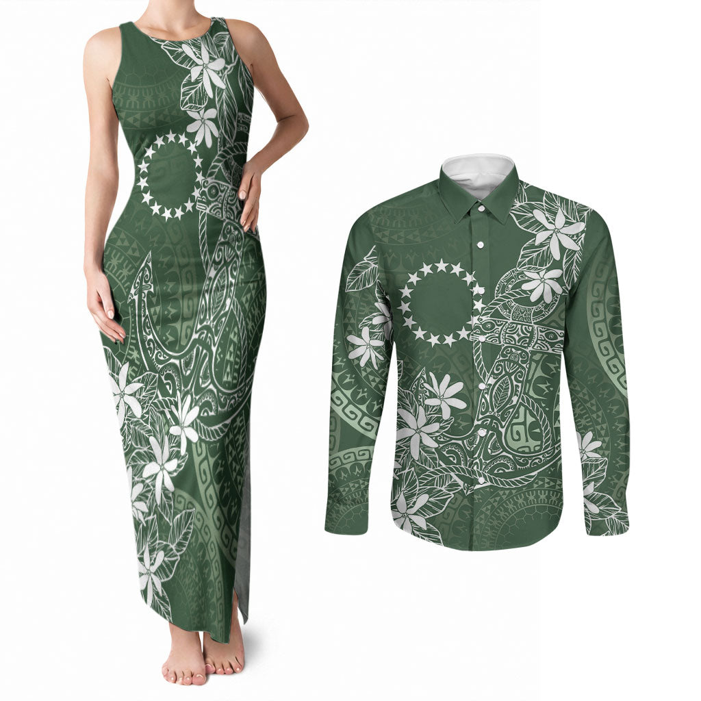 Sage Green Kuki Airani Tapakau Couples Matching Tank Maxi Dress and Long Sleeve Button Shirt Tribal Anchor Mix Tiare LT7 Sage Green - Polynesian Pride
