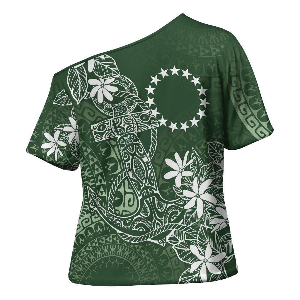Sage Green Kuki Airani Tapakau Cross Shoulder Shirt Tribal Anchor Mix Tiare